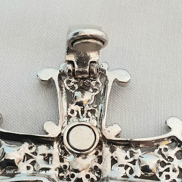 Ornate Silver Tone Cross Pendant Aurora Borealis Rhinestones - Picture 11 of 11